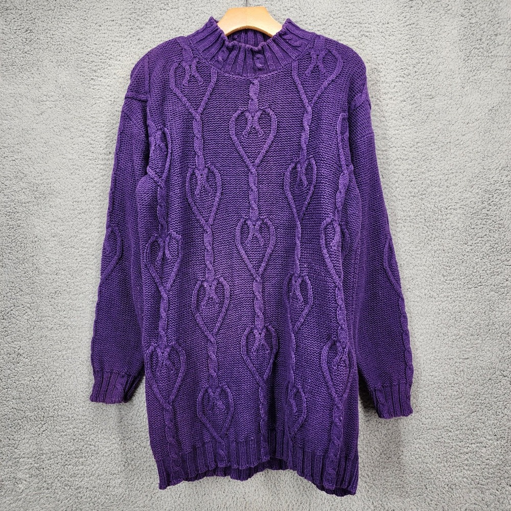 Nuovo County Seat Vintage Purple Heart Cable Knit Sweater Tunic Mock Neck Medium